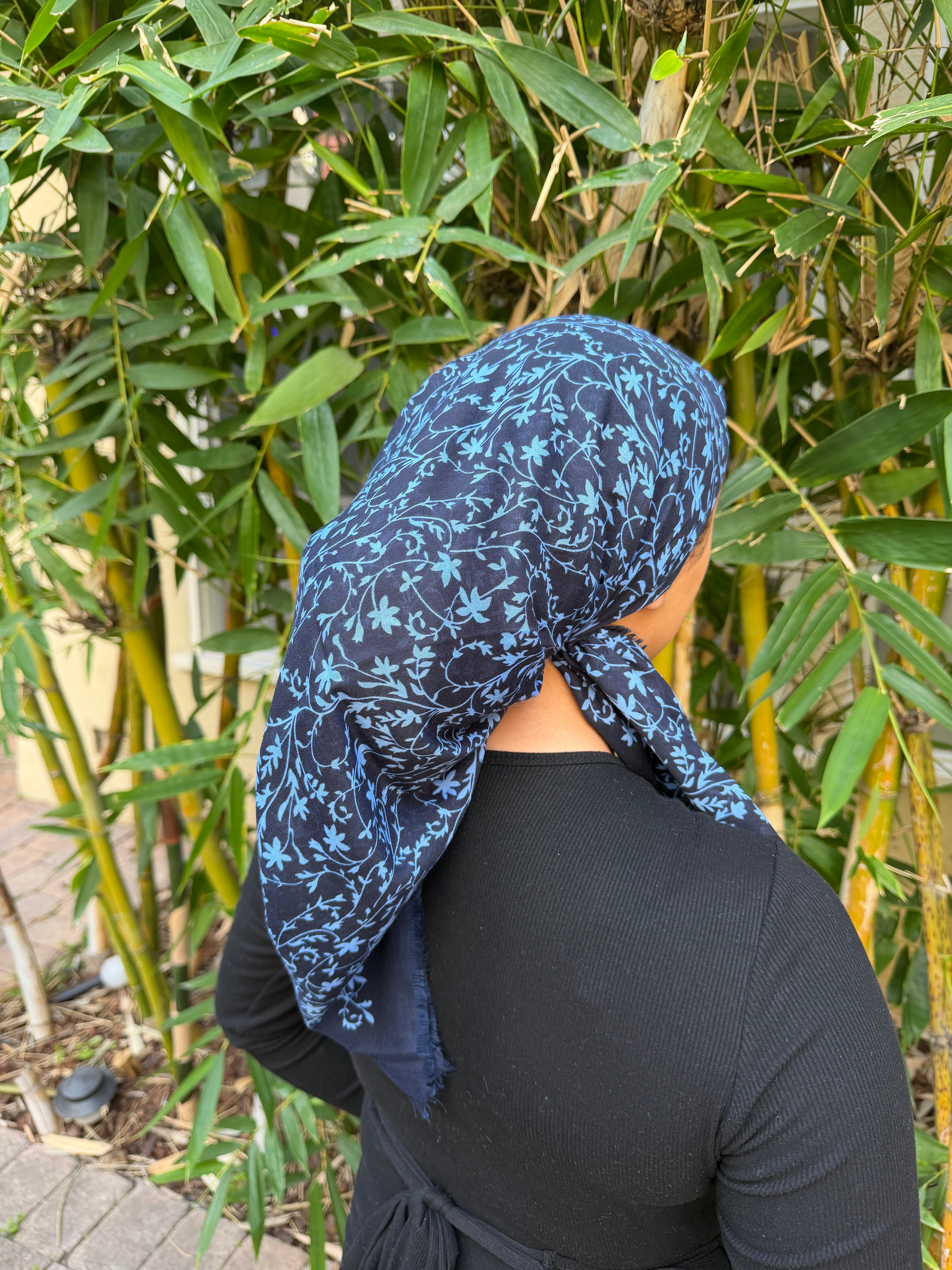 Blue and navy floral print cotton headscarf